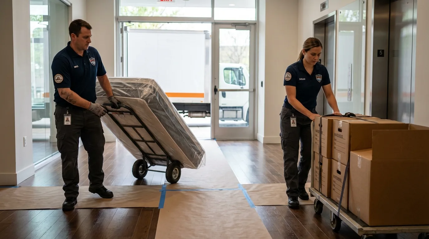 Professional apartment movers loading elevator in Alpena, MI
